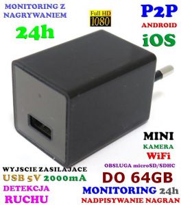 Mikro Kamera FULL HD WiFi (Zasięg Cały Świat!) Ukryta w Zasilaczu / Ładowarce USB + Zapis...