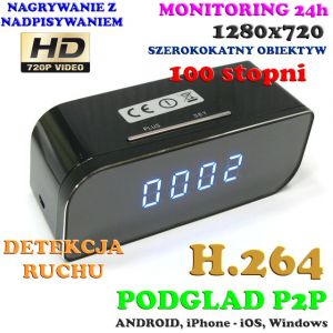 Szpiegowska Kamera FULL HD WiFi Dz.-Nocna (Zasięg Cały Świat) Ukryta w Zegarku Biurkowym + Zapis.