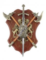 Duży Dekoracyjny Herb Rycerski na Drewnianej Tarczy: 2-Topory + Miecz + Herb + Zbroja + Zdobienia.
