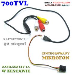 Mikro Kamera Przewodowa Szerokokątna (90°) 700TVL, Kolorowa z Fonią + Zasilacz.