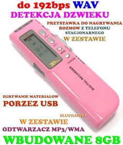 Różowy Dyktafon Cyfrowy (8GB) + Zapis Rozmów Tel. + Współpraca z Komp. + VOX + MP3 + Akcesoria.