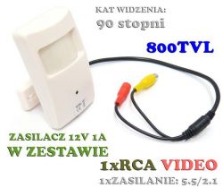Mikro Kamera Przewodowa Kolorowa (800TVL), Ukryta w Czujce Ruchu PIR + Zasilacz.