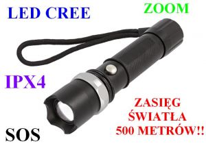 Metalowa Latarka Taktyczna SWAT LED CREE + ZOOM + SOS +... - Zasięg Światła 500 Metrów!!