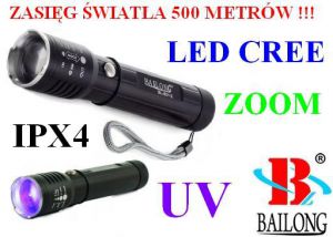 Metalowa Latarka Taktyczna LED CREE + Ultrafiolet + ZOOM + Akcesoria - Zasięg Światła 500 Metrów!!