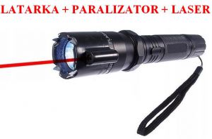 Metalowa Latarka z Paralizatorem Obronnym (500 tyś. VOLT!) + Czerwony Laser + Smycz na Rękę.
