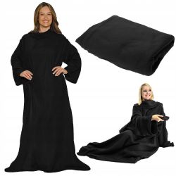 SNUGGIE Mega Cieplutki Polarowy Duży Koc (180x138cm) z Rękawami, do Czytania... - CZARNY.