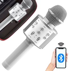 Mikrofon Bezprzewodowy + Głośnik, Karaoke, Różne Tryby, Bluetooth, Etui, Android i iOS - SREBRNY.