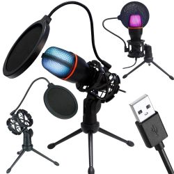 Mikrofon Studyjny USB RGB, Statyw do Komputera, Stream Gaming Kardioidalny + Akcesoria.