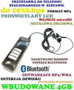 Profesjonalny Cyfrowy Rejestrator Dźwięku (4GB) + Bluetooth + Zapis Rozmów Tel. + MP3 + VOX..
