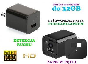Szpiegowski Zasilacz/Ładowarka USB, Nagrywająca Obraz FULL HD + Dźwięk (m.in. na ruch) + Praca 24H!!